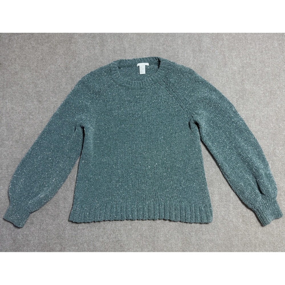H&M Sweater Womens Medium Green Shimmer Metallicโ Knit Long Sleeve Pullover Top